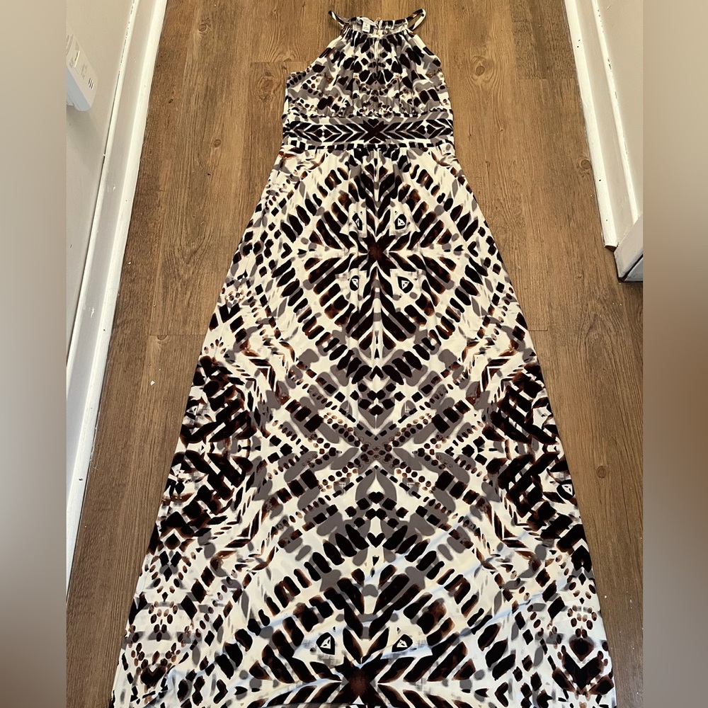 London Times Geometric Brown and Cream Maxi Dress